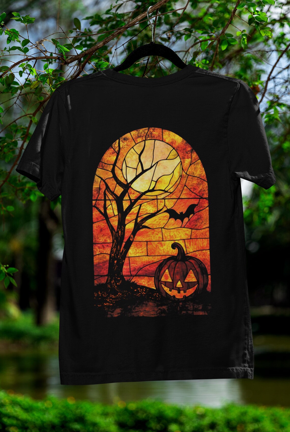 Halloween Stained Glass Shirt | Jack-o-lantern teeshirt | Spooky Pumpkin t-shirt | Horror Clothing | Fall style | Haunted House Fashion