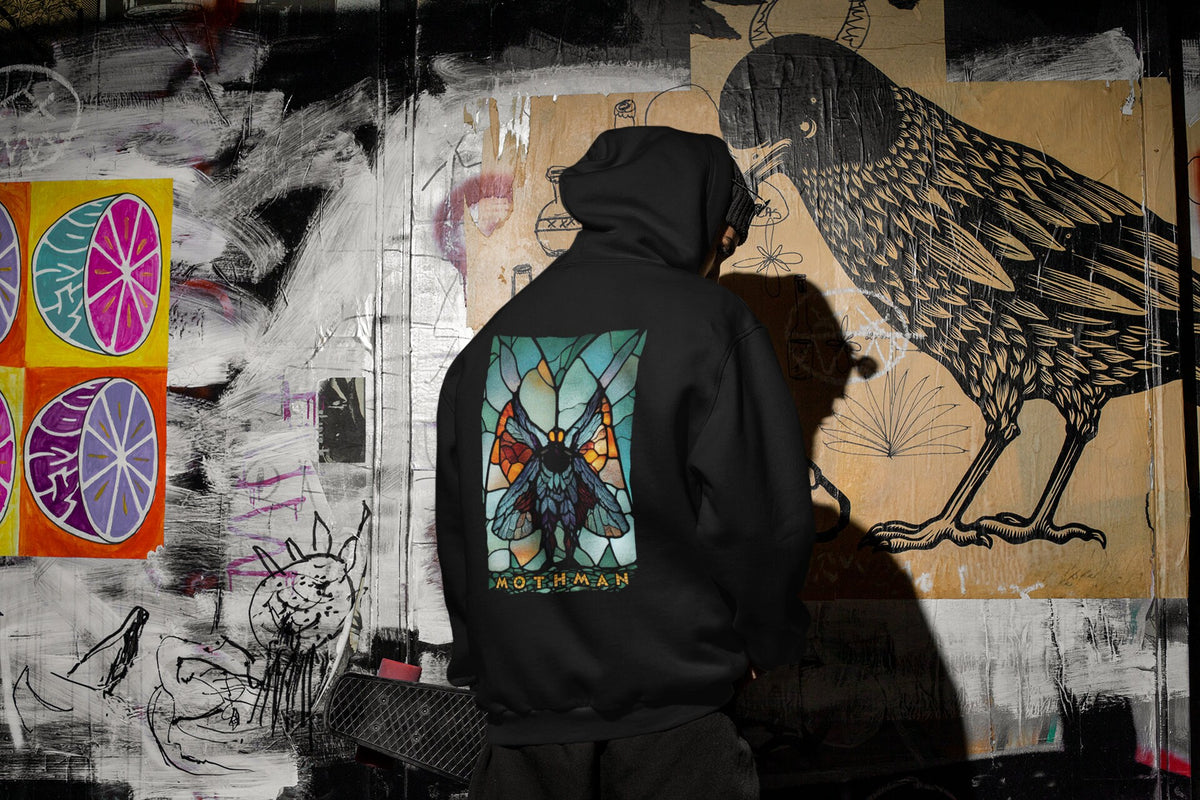 Mothman Hoodie, Stained Glass Cryptid Hooded Sweatshirt, Cryptidcore Gift, Goth Cryptozoology Pullover