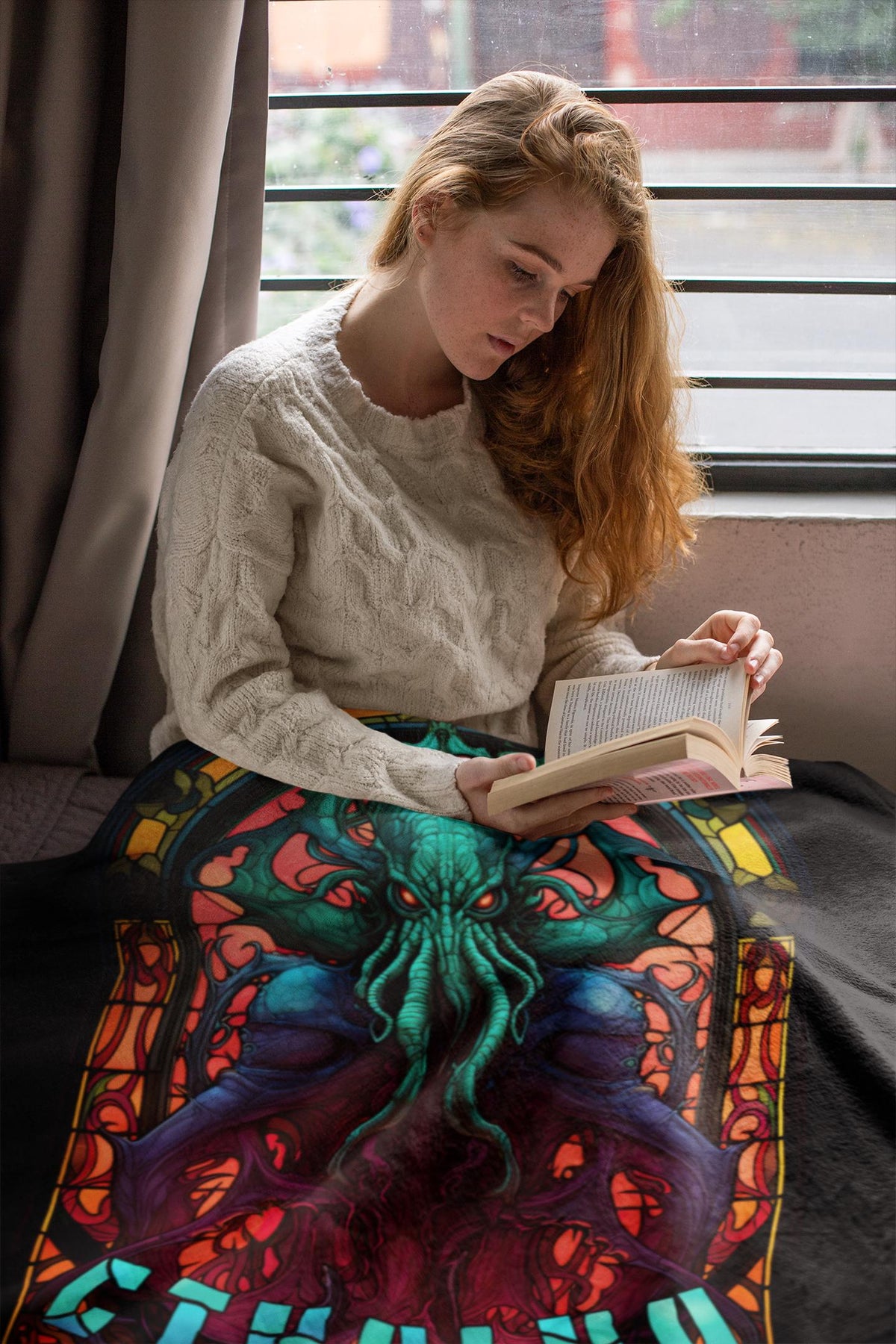 Stained Glass Blanket, Cthulhu Velveteen Plush Throw, Cosmic Horror Home Decor, Lovecraft Gift