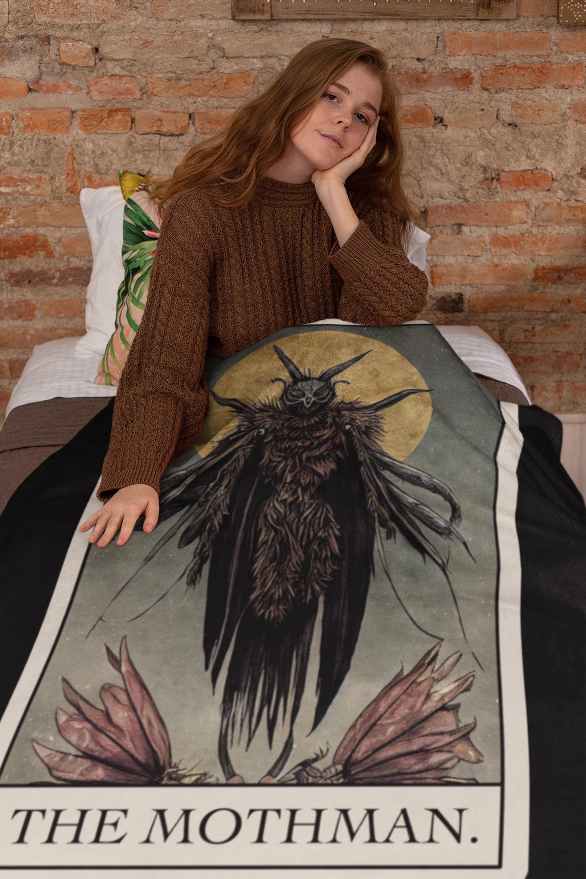 Mothman Blanket, Cryptid Tarot Card Throw Blanket, Plush Velveteen Cryptidcore Decor, Horror Gift