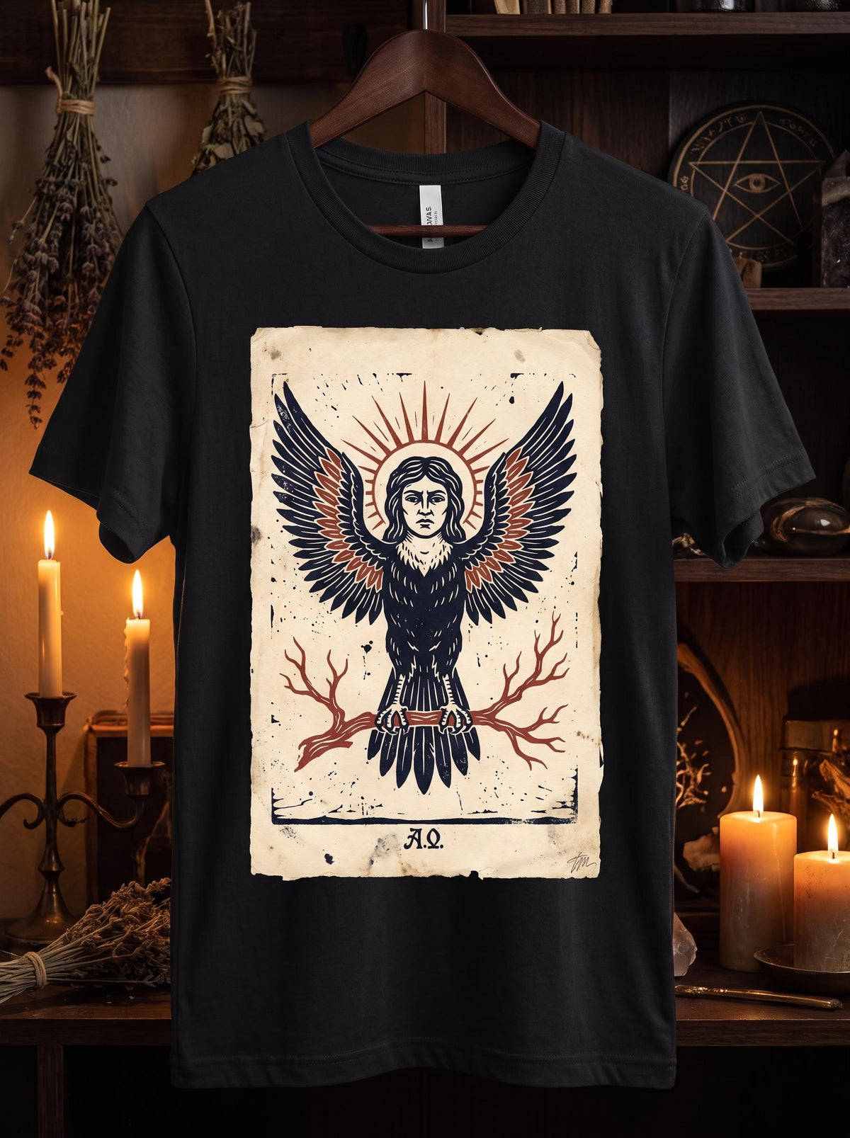 Harpy Shirt, Occult Linocut Tarot Tee, Greek Mythology Winged Woman Shirt, Gothic Woodcut Art Gift