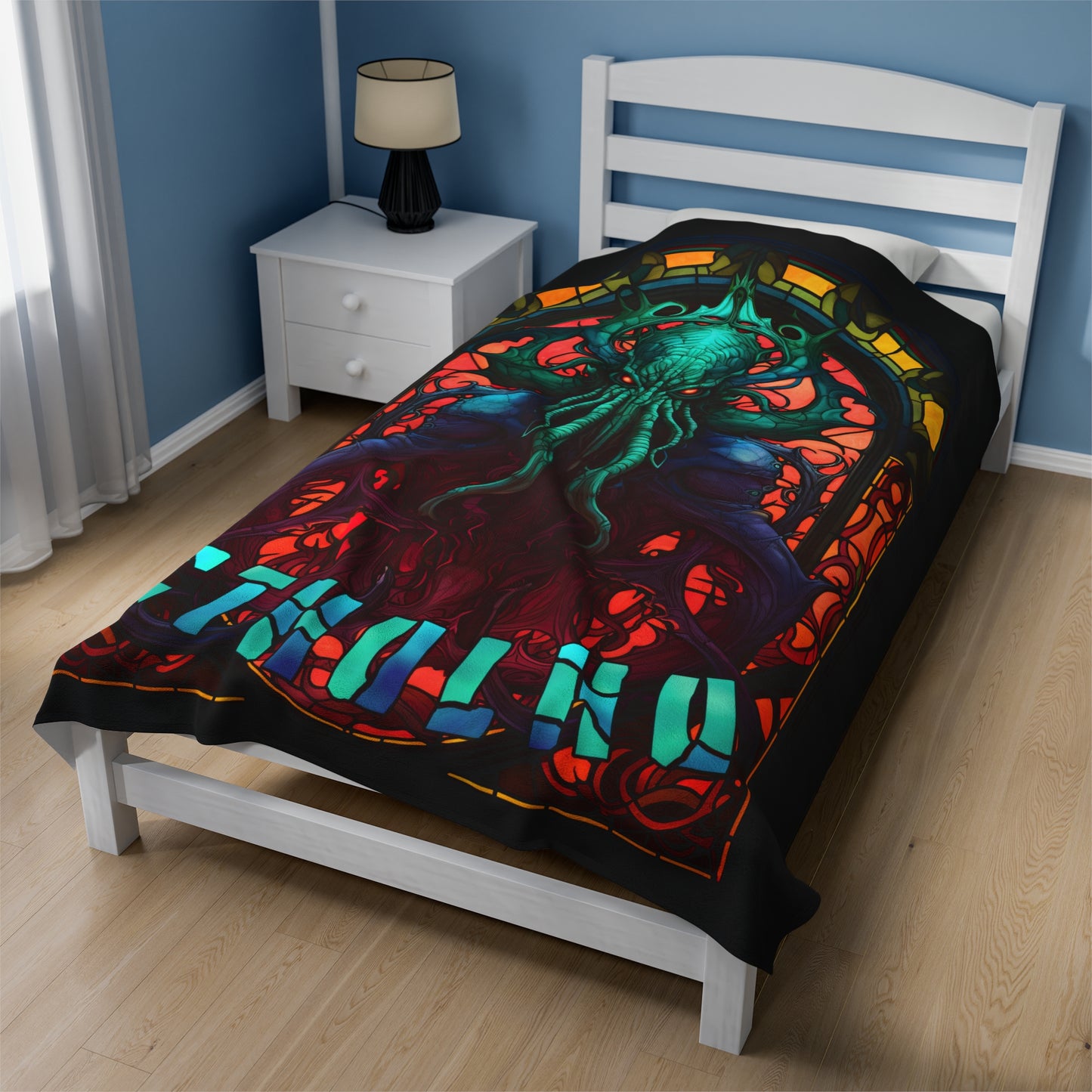 Cthulhu Stained Glass Velveteen Plush Blanket | Art Throw Blanket | HP Lovecraft Artwork | Cult Monster Decor | Horror Gift