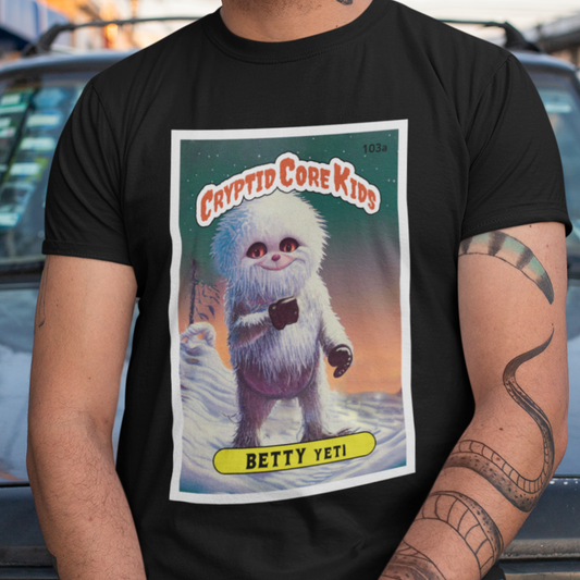 Betty Yeti Trading Card T-Shirt | Abominable Snowman Teeshirt | Cryptid Core Kids Tee Shirt | Gift Cryptozoology | GPK Parody Garbage Pail