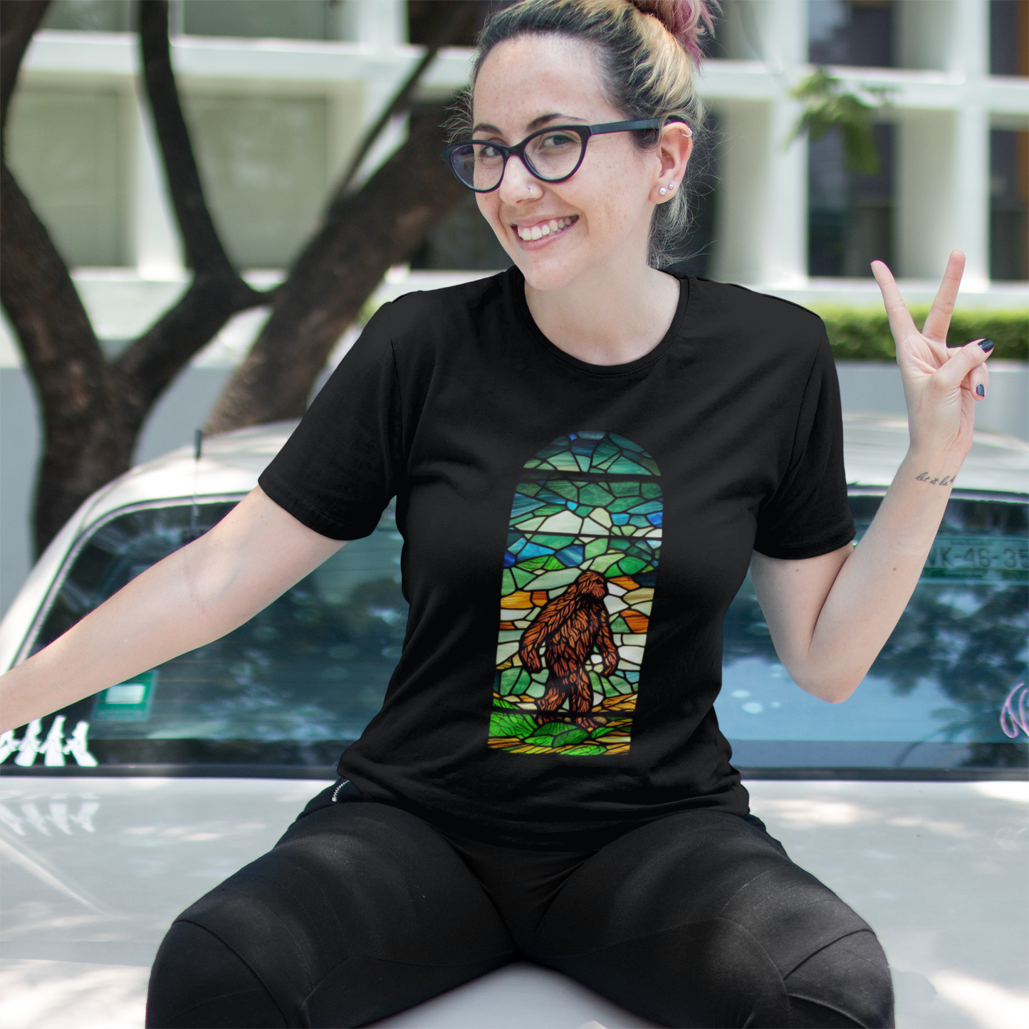 Bigfoot Stained Glass T-Shirt | Cryptid Teeshirt | Sasquatch Monster Tee | Horror Gift | Cryptozoology | Cryptidcore