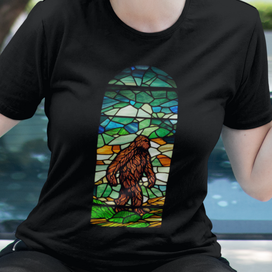 Bigfoot Stained Glass T-Shirt | Cryptid Teeshirt | Sasquatch Monster Tee | Horror Gift | Cryptozoology | Cryptidcore