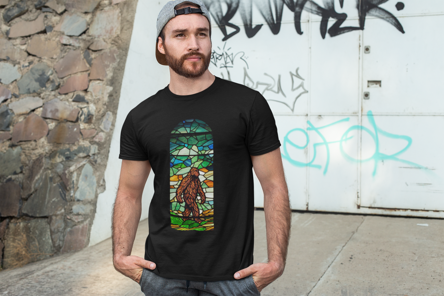 Bigfoot Stained Glass T-Shirt | Cryptid Teeshirt | Sasquatch Monster Tee | Horror Gift | Cryptozoology | Cryptidcore