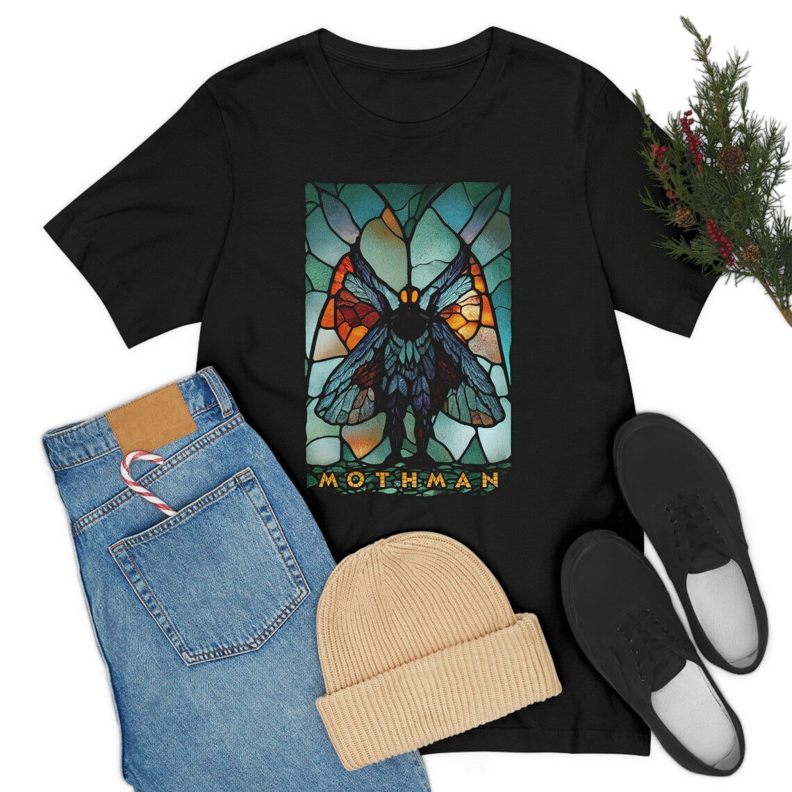 Mothman Stained Glass T-Shirt | Cryptid Teeshirt | Cult Monster Tee | Horror Gift | Cryptozoology | Cryptidcore