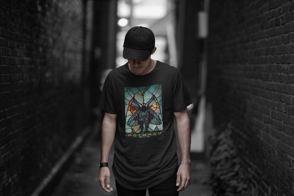 Mothman Stained Glass T-Shirt | Cryptid Teeshirt | Cult Monster Tee | Horror Gift | Cryptozoology | Cryptidcore