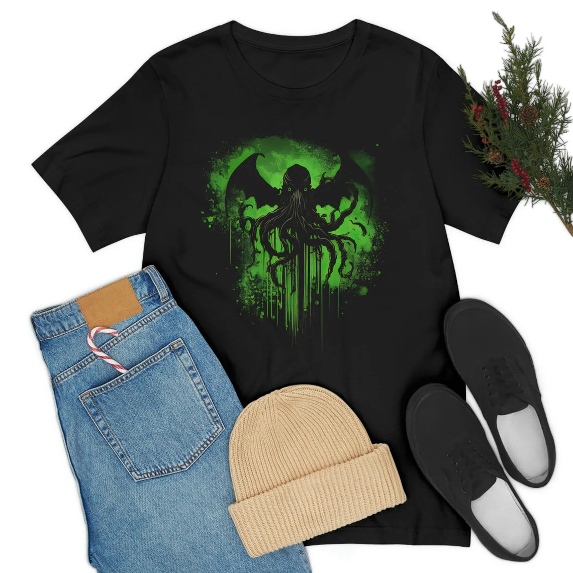 Cthulhu green splatter T-Shirt | HP Lovecraft Teeshirt | Monster Tee Shirt | Cthulhu Gift Clothing