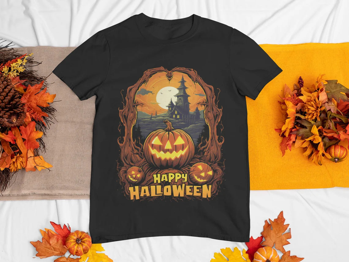 Happy Halloween Pumpkin Shirt | Jack-o-lantern teeshirt | Spooky t-shirt | Horror Clothing | Fall style | Haunted House Fashion