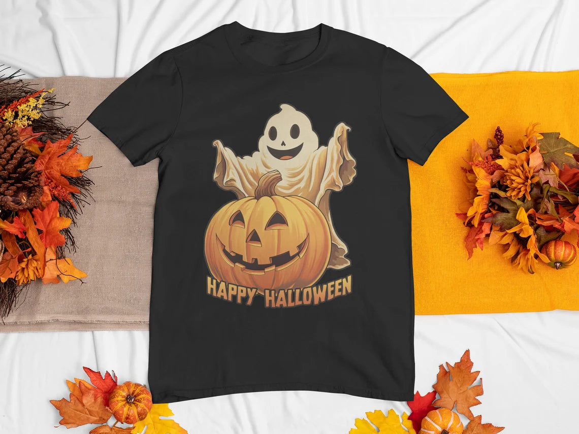 Happy Halloween Ghost and Pumpkin Shirt | Jack-o-lantern teeshirt | Spooky t-shirt | Horror Clothing | Fall style