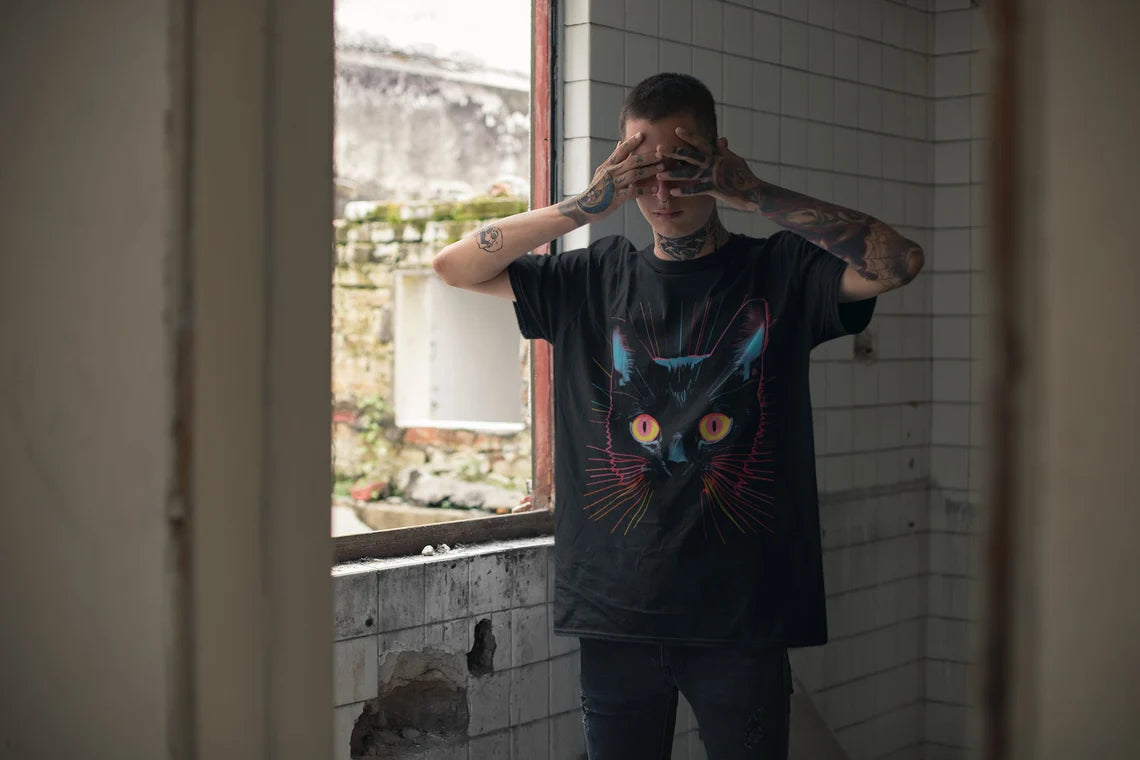 Weirdcore Cat T-Shirt | Vaporwave Cat Aesthetic | Trippy Alt Clothing | Grunge Clothes | Harajuku Punk | Rave Gear | Psychedelic