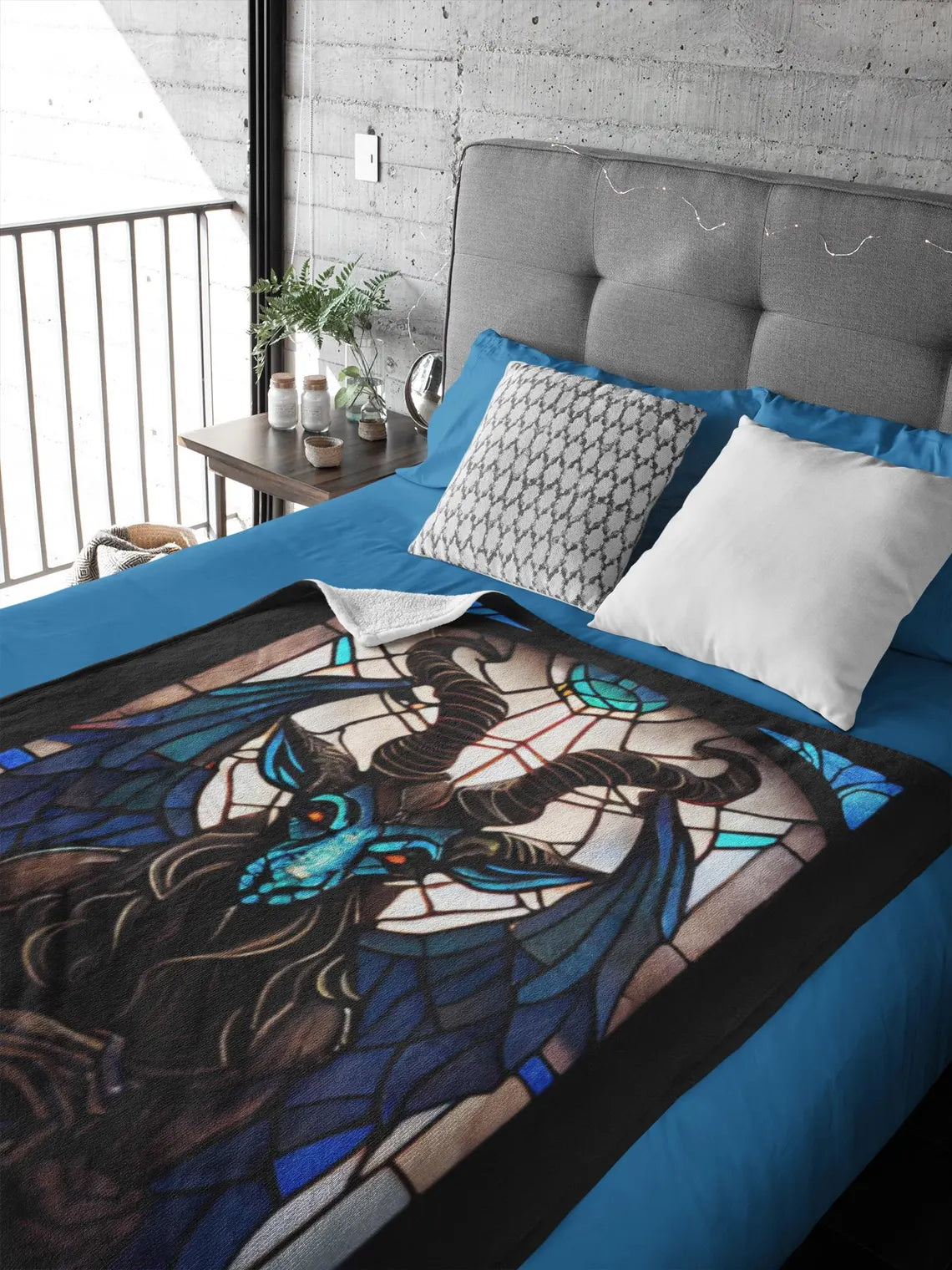 Baphomet Stained Glass Velveteen Plush Blanket | Devil Throw Blanket | Occult Demon Decor | Horror Gift | Satan | Satanic | Gift Home Goods