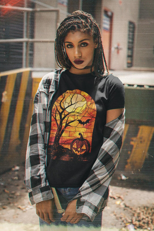 Halloween Stained Glass Shirt | Jack-o-lantern teeshirt | Spooky Pumpkin t-shirt | Horror Clothing | Fall style | Haunted House Fashion