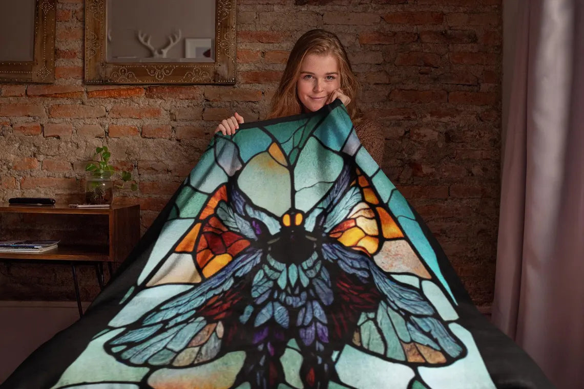 Mothman Stained Glass Velveteen Plush Blanket | Cryptid Throw Blanket | Cult Monster Decor | Horror Gift | Cryptozoology | Cryptidcore
