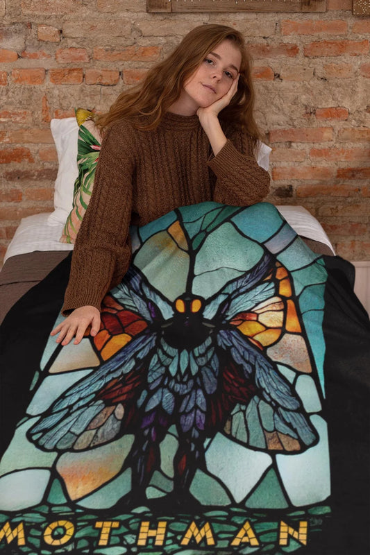 Mothman Stained Glass Velveteen Plush Blanket | Cryptid Throw Blanket | Cult Monster Decor | Horror Gift | Cryptozoology | Cryptidcore