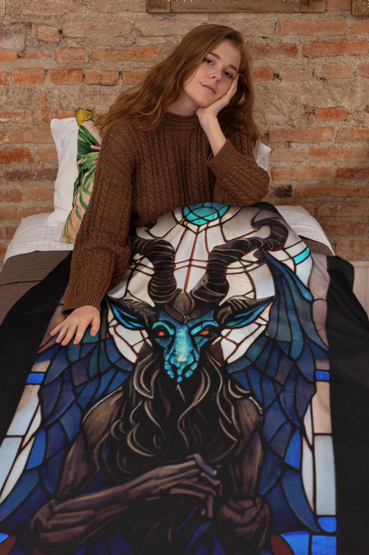 Baphomet Stained Glass Velveteen Plush Blanket | Devil Throw Blanket | Occult Demon Decor | Horror Gift | Satan | Satanic | Gift Home Goods