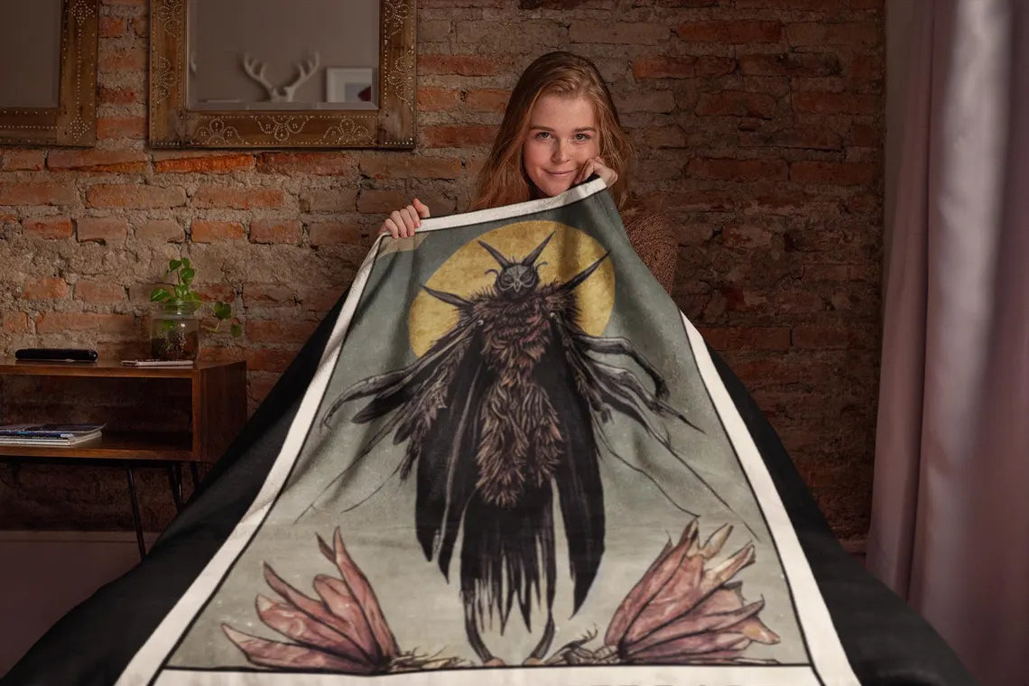 Mothman Tarot Card Velveteen Plush Blanket | Cryptid Throw Blanket | Cult Monster Decor | Horror Gift | Cryptozoology | Cryptidcore