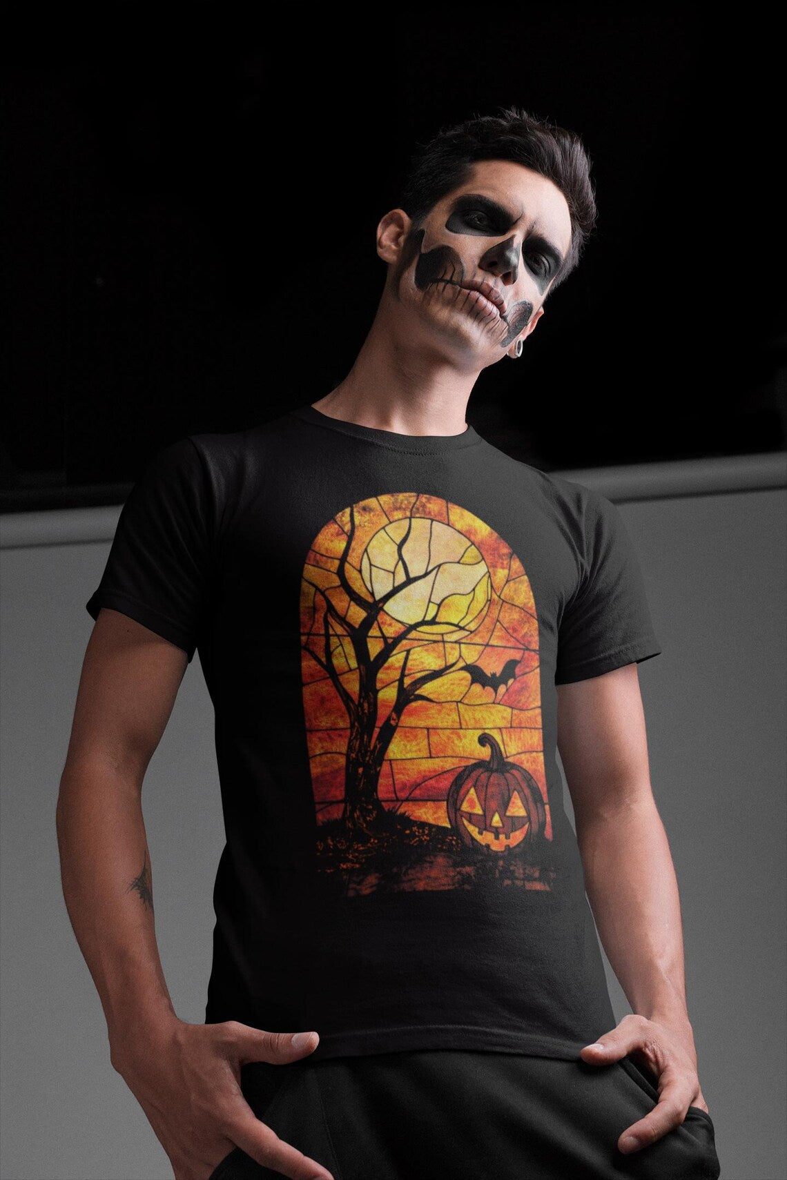 Halloween Stained Glass Shirt | Jack-o-lantern teeshirt | Spooky Pumpkin t-shirt | Horror Clothing | Fall style | Haunted House Fashion