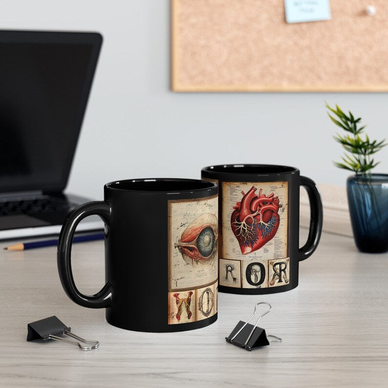 Eye Heart Horror Coffee Mug - I love horror coffee cup -  anatomy coffee mug
