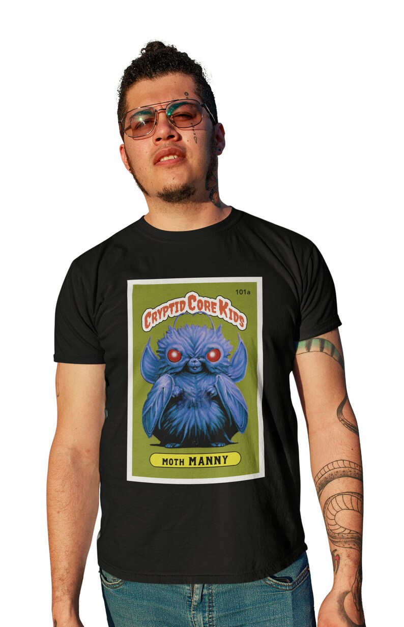 Moth Manny Trading Card T-Shirt | Moth Man Teeshirt | Cryptid Core Kids Tee Shirt | Cryptidcore Gift Cryptozoology | GPK Parody Garbage Pail