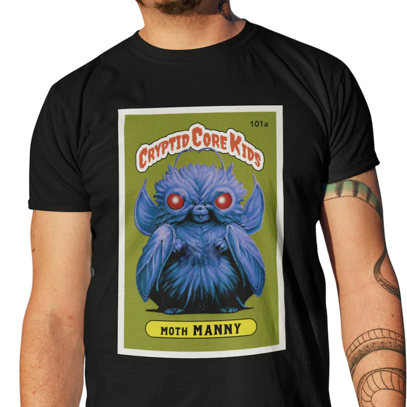 Moth Manny Trading Card T-Shirt | Moth Man Teeshirt | Cryptid Core Kids Tee Shirt | Cryptidcore Gift Cryptozoology | GPK Parody Garbage Pail