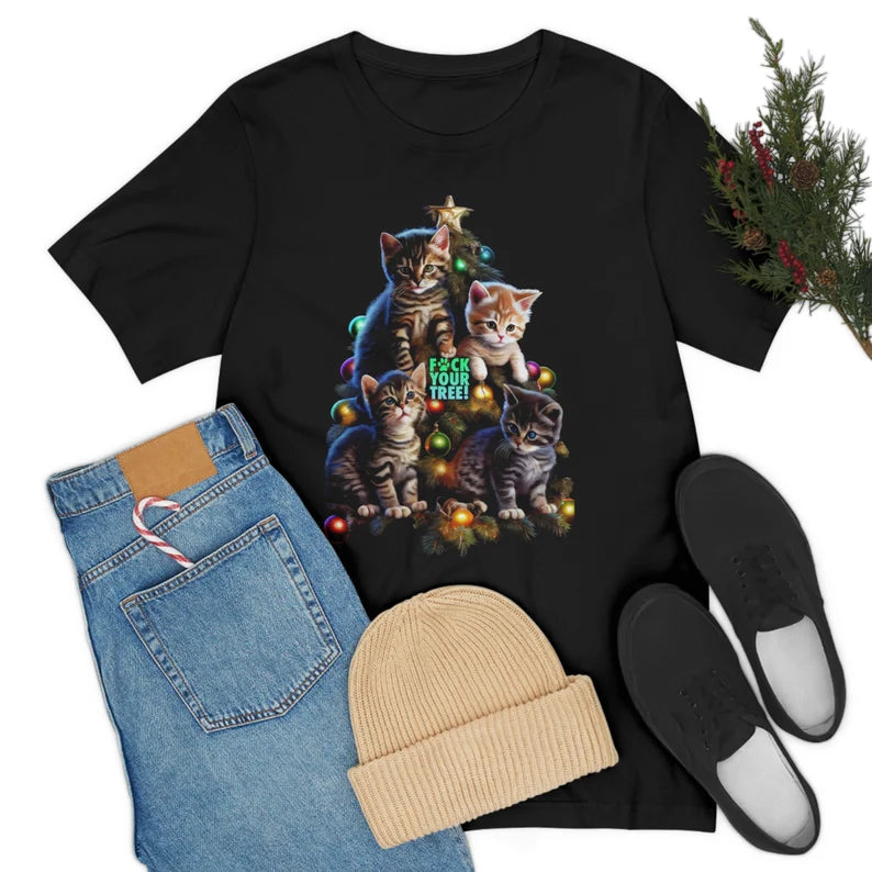 Cat Christmas Tree T-Shirt | Funny Holiday Cat Teeshirt | Cat Tee Shirt Clothing