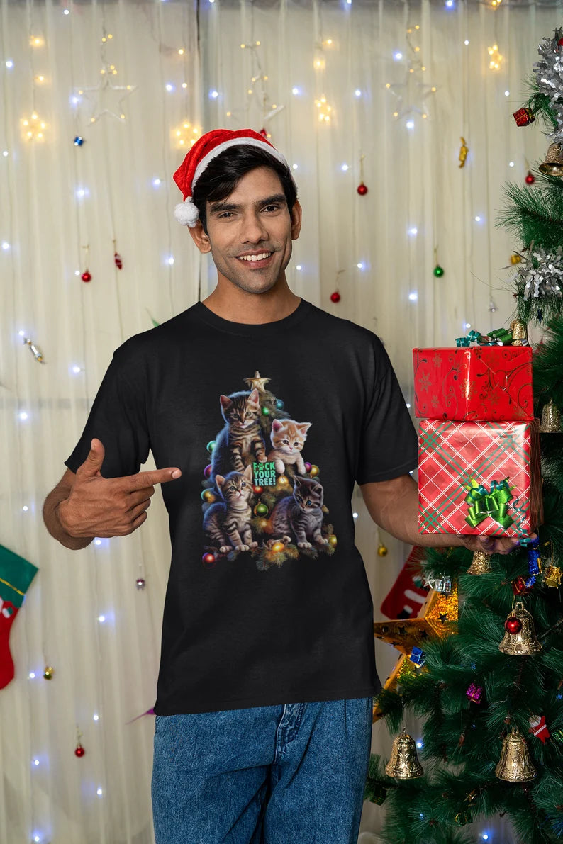 Cat Christmas Tree T-Shirt | Funny Holiday Cat Teeshirt | Cat Tee Shirt Clothing