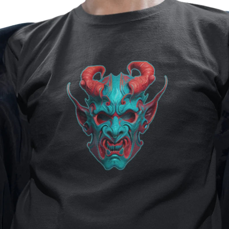 Oni Devil Mask Tshirt | Japanese Devil Tee Shirt | Cyberpunk Fashion | Vaporwave Style