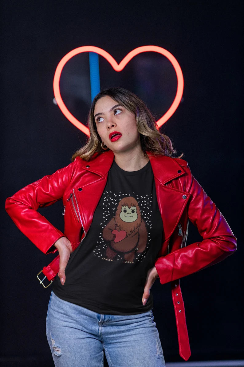 Bigfoot Valentine's Day T-Shirt | Kawaii Sasquatch Teeshirt | Cute Cryptid Love Tee Shirt | Cryptozoology Gift Clothing