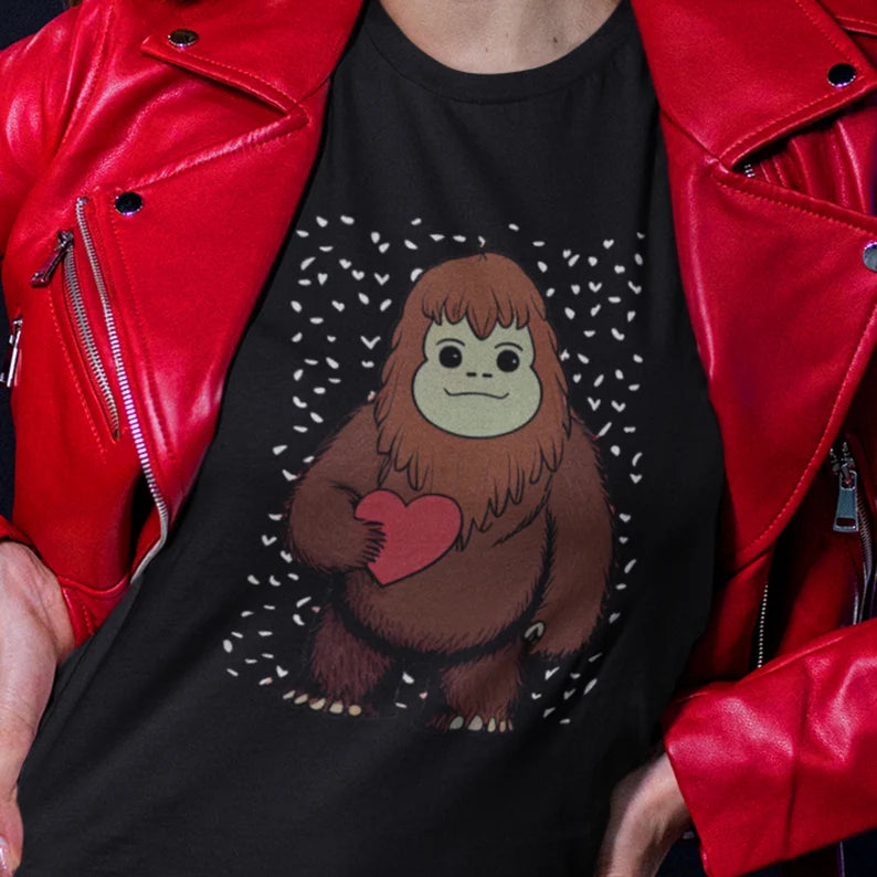 Bigfoot Valentine's Day T-Shirt | Kawaii Sasquatch Teeshirt | Cute Cryptid Love Tee Shirt | Cryptozoology Gift Clothing