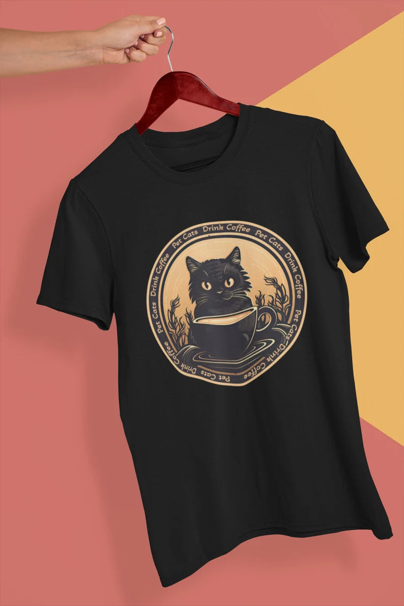 Pet Cats Drink Coffee Shirt | Cat Lover teeshirt | Caffeine t-shirt | Kitty Clothing
