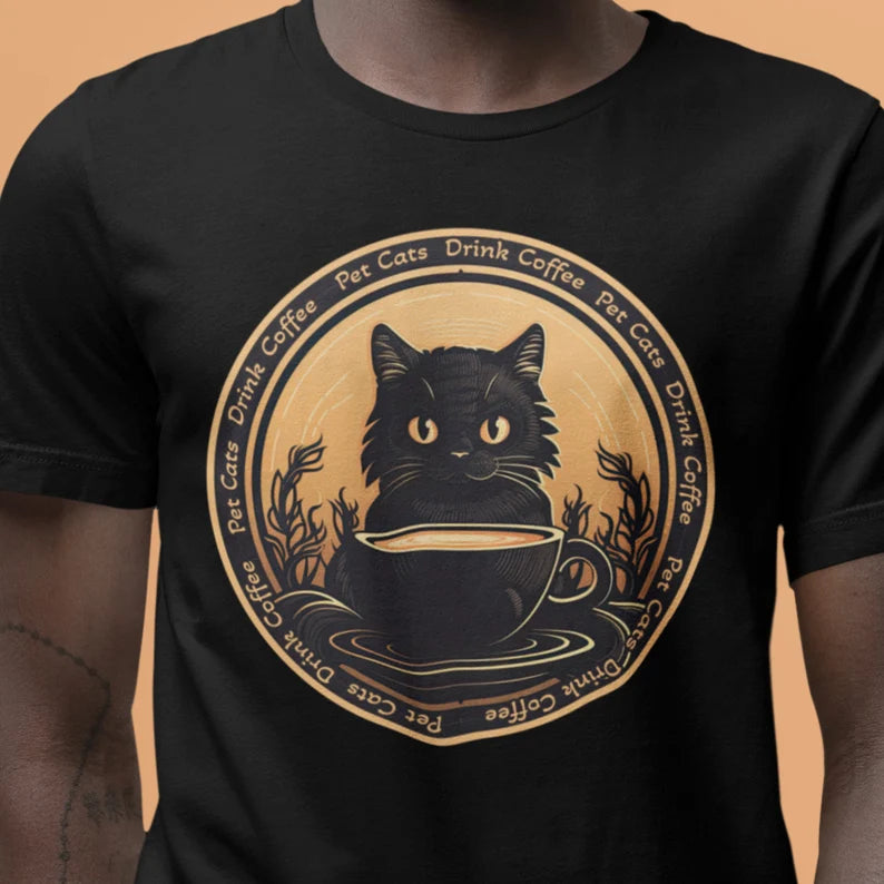 Pet Cats Drink Coffee Shirt | Cat Lover teeshirt | Caffeine t-shirt | Kitty Clothing