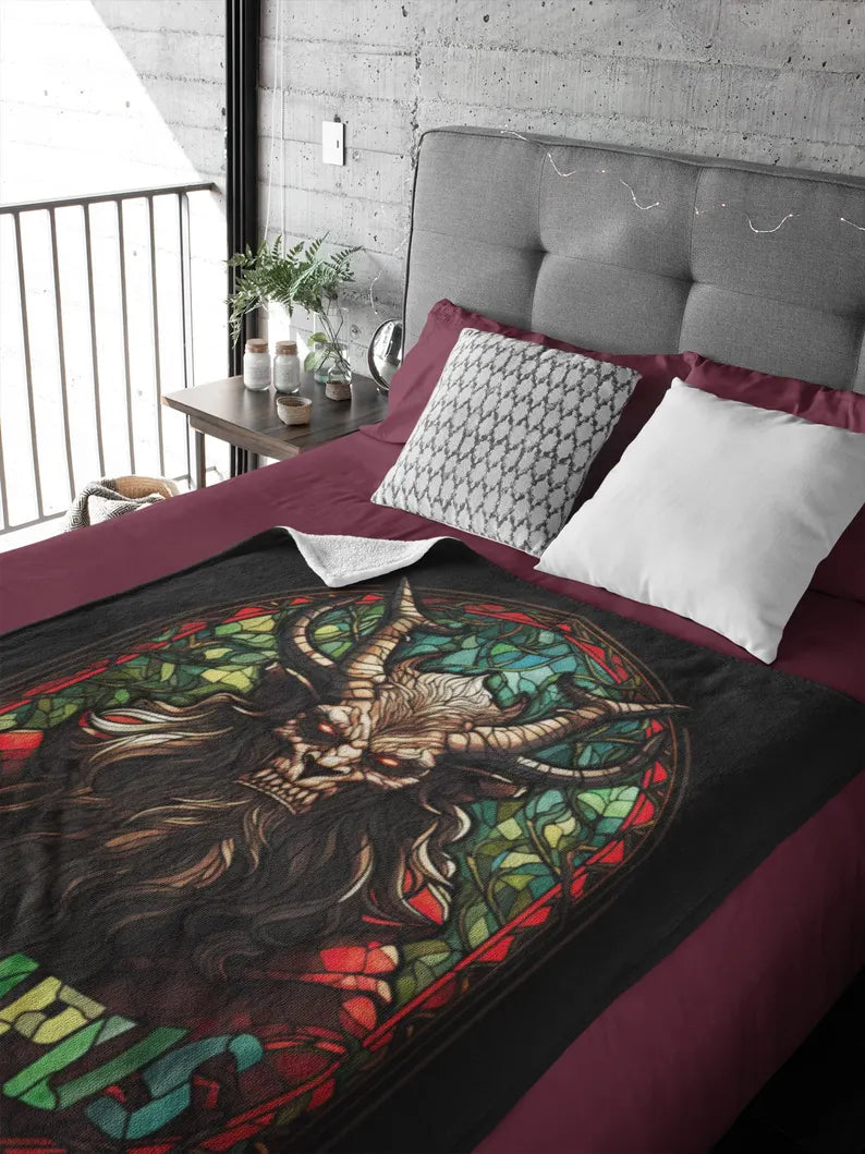Krampus Stained Glass Velveteen Plush Blanket | Christmas Devil Throw Blanket | Occult Demon Decor | Scary Decor gift | Gruss Vom Krampus