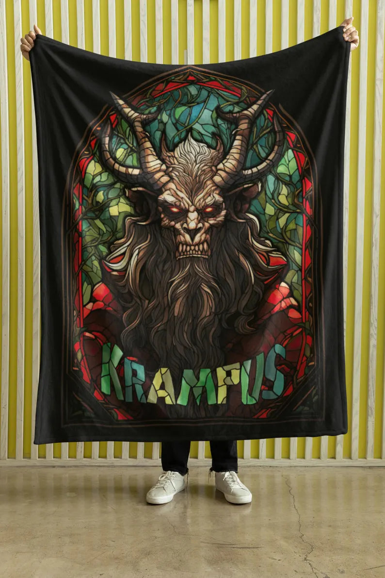 Krampus Stained Glass Velveteen Plush Blanket | Christmas Devil Throw Blanket | Occult Demon Decor | Scary Decor gift | Gruss Vom Krampus