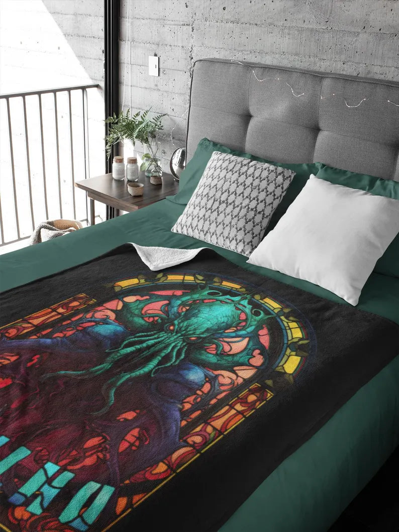 Cthulhu Stained Glass Velveteen Plush Blanket | Art Throw Blanket | HP Lovecraft Artwork | Cult Monster Decor | Horror Gift