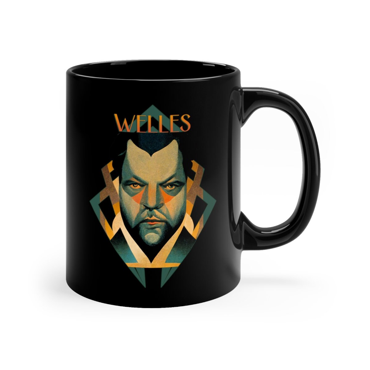 Art Deco Mug, Orson Welles Coffee Cup, Classic Film Director Gift, Black Ceramic 11oz