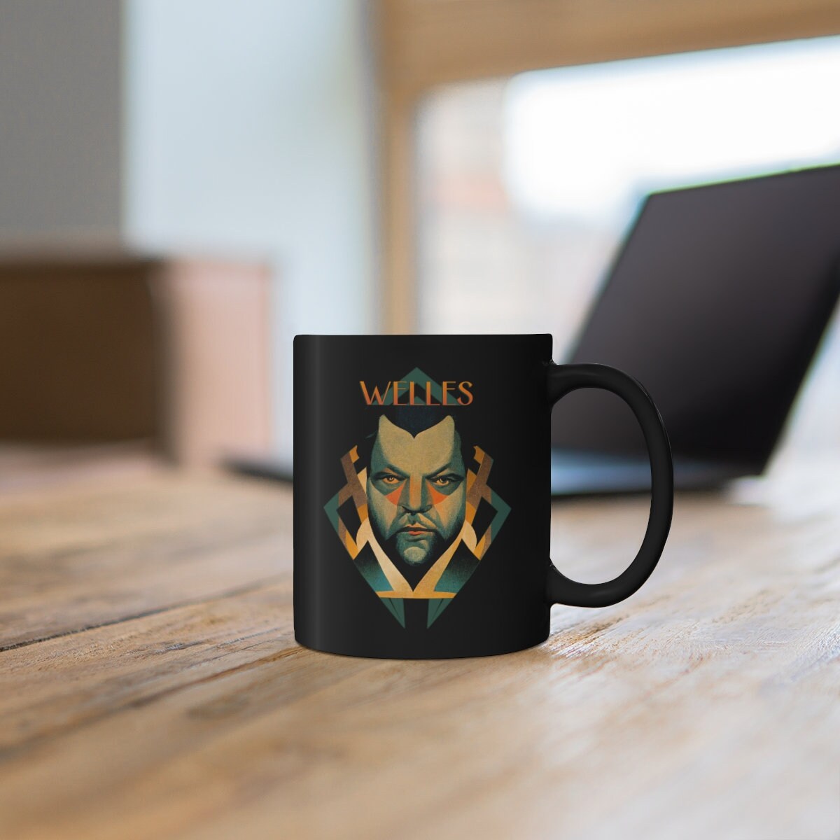 Art Deco Mug, Orson Welles Coffee Cup, Classic Film Director Gift, Black Ceramic 11oz
