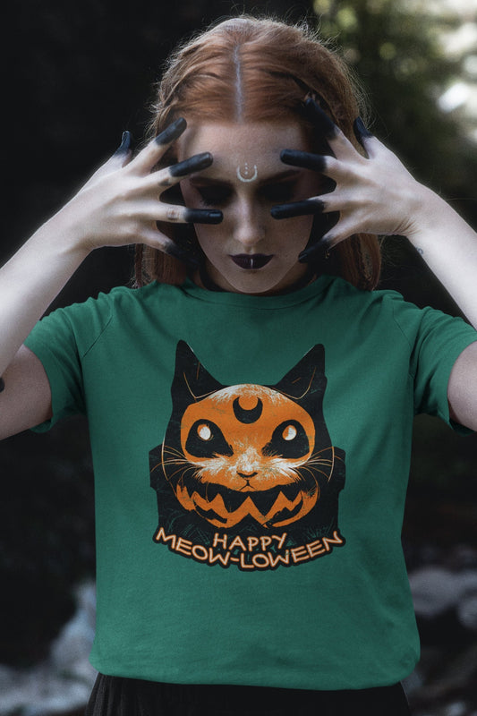 Halloween Cat Shirt, Happy Meow-loween Pun Tee, Vintage Pumpkin Cat T-Shirt for Women