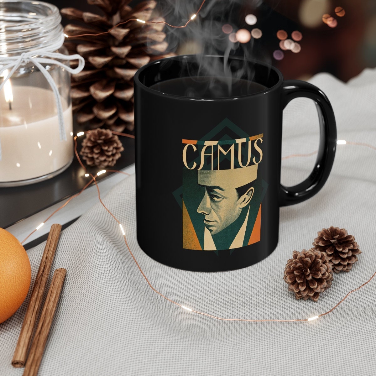 Philosophy Mug, Albert Camus Art Deco Coffee Cup, Literary Gift for Readers and Writers