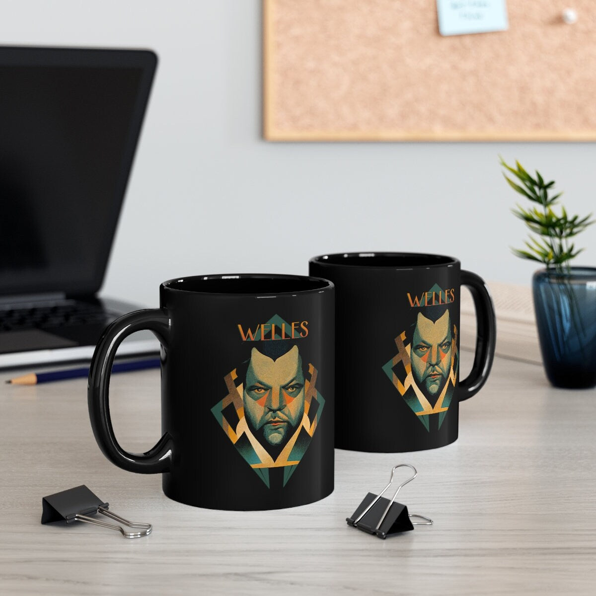 Art Deco Mug, Orson Welles Coffee Cup, Classic Film Director Gift, Black Ceramic 11oz