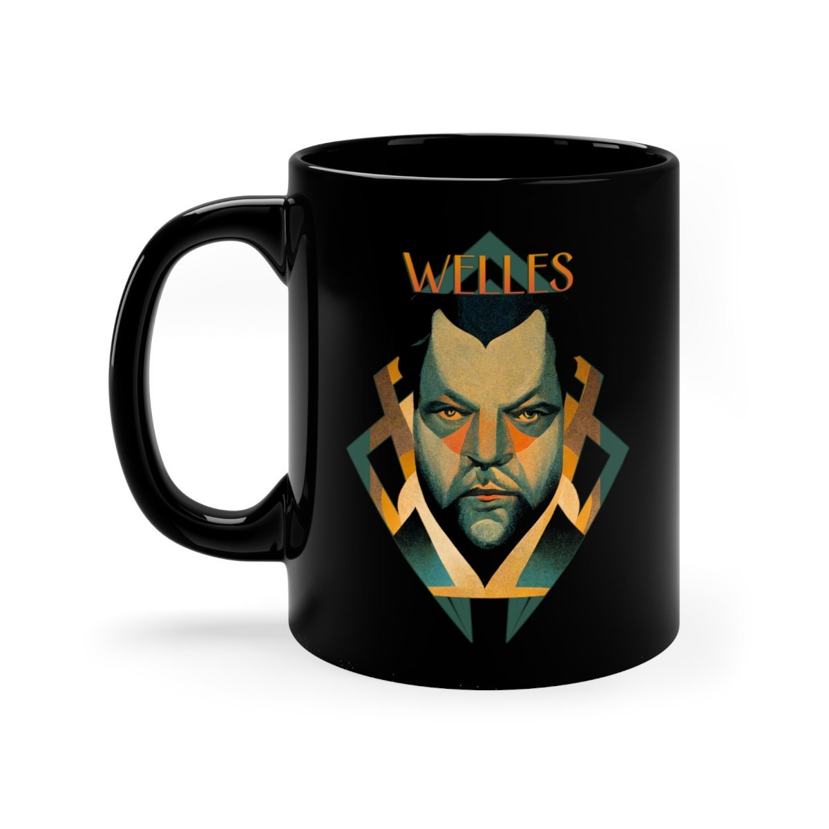 Art Deco Mug, Orson Welles Coffee Cup, Classic Film Director Gift, Black Ceramic 11oz
