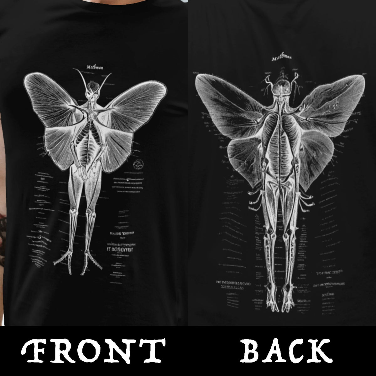 Cryptozoology Shirt, Mothman Arcane Anatomy Two Sided T-Shirt, Cryptid Monster Tee, Horror Gift