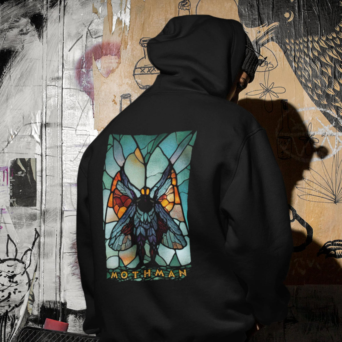 Mothman Hoodie, Stained Glass Cryptid Hooded Sweatshirt, Cryptidcore Gift, Goth Cryptozoology Pullover