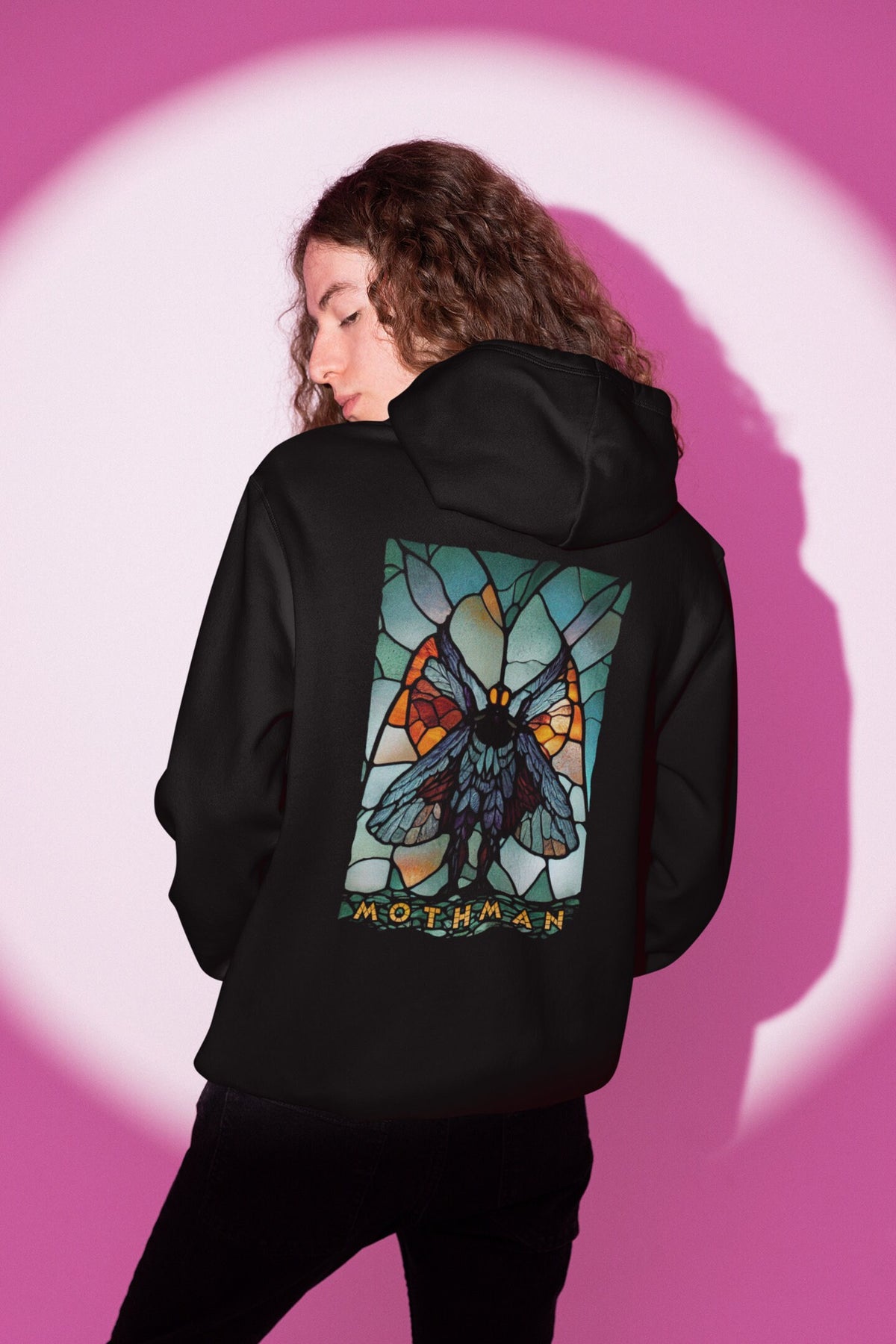 Mothman Hoodie, Stained Glass Cryptid Hooded Sweatshirt, Cryptidcore Gift, Goth Cryptozoology Pullover