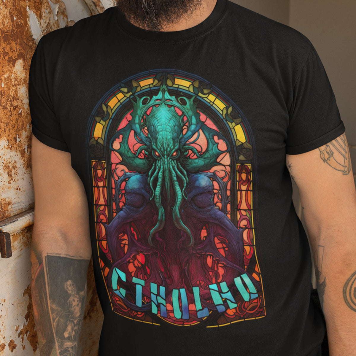 Cthulhu Stained Glass T-Shirt | HP Lovecraft Teeshirt | Cult Monster Tee | Horror Gift
