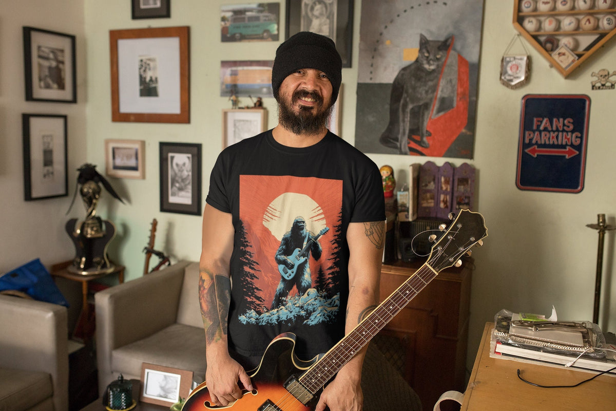 Guitar Shirt, Bigfoot Playing Guitar T-Shirt, Funny Sasquatch Cryptid Tee, Guitarist Musician Gift