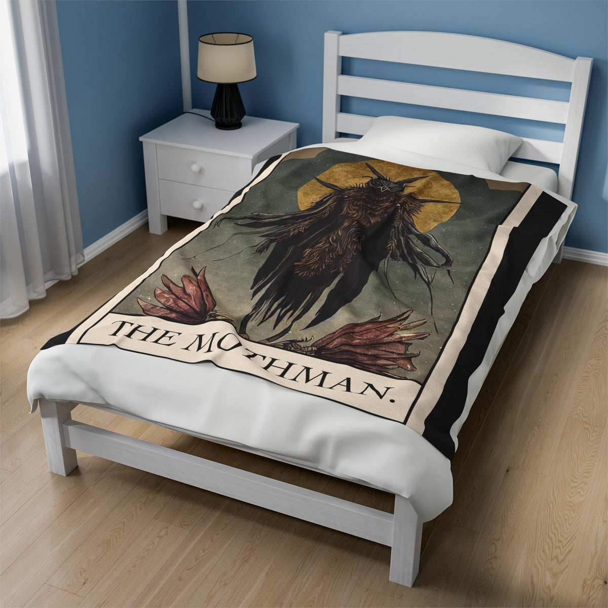 Mothman Blanket, Cryptid Tarot Card Throw Blanket, Plush Velveteen Cryptidcore Decor, Horror Gift