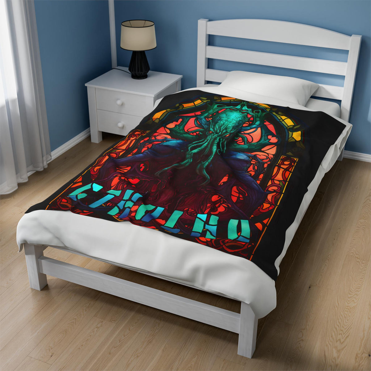Stained Glass Blanket, Cthulhu Velveteen Plush Throw, Cosmic Horror Home Decor, Lovecraft Gift