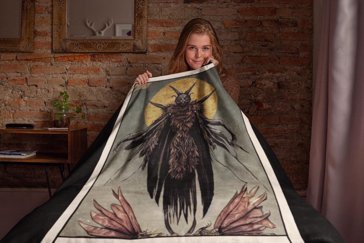 Mothman Blanket, Cryptid Tarot Card Throw Blanket, Plush Velveteen Cryptidcore Decor, Horror Gift